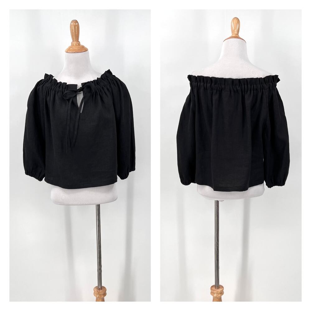 OLD LINEN MILL Off the Shoulder Gathered Top Womens XS Small Black Cropped